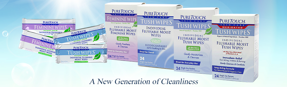pure touch skin care, tush wipes, flushable moist wipes, wipes